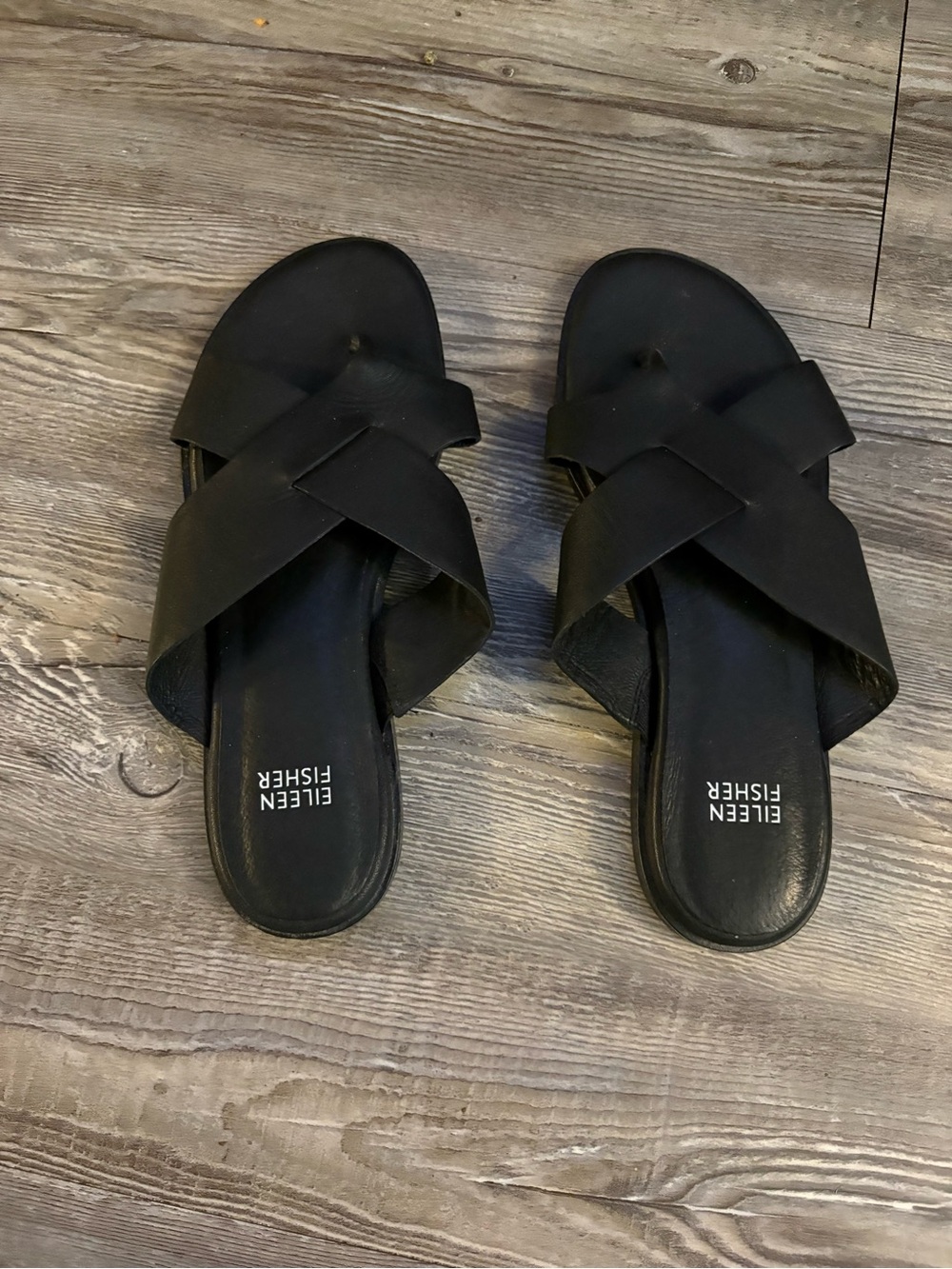 Eileen Fisher Black Leather Crossover Slide Sandals